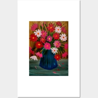 A beautiful bouquet of mixed flowers iin a deep blue vase Posters and Art